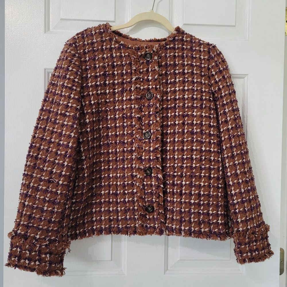 Ann Taylor Fringe Tweed Jacket Size 12 Petite‎ Polyester Blend Cherrywood Blazer